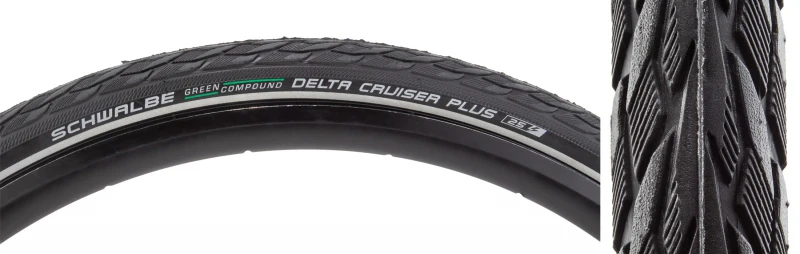 Schwalbe Delta Cruiser Plus Hybrid Tire 700x38C Wire Clincher Green Compound PunctureGuard Reflex 50TPI Black
